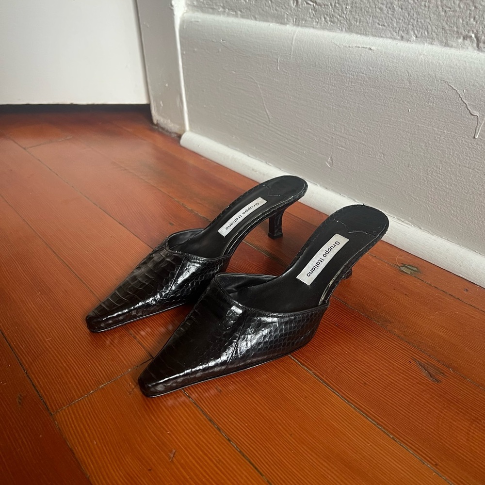 Vintage Slip On Heels in Black Croc